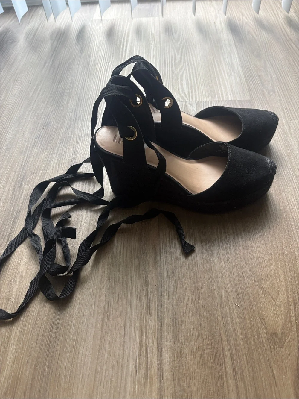 INC International Concepts Black Suede Ankle-Tie Espadrille Wedges